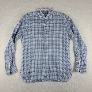 Hammer Made Dress Shirt Mens 16.5‎ / 42 Blue Plaid 100% Linen Button Up